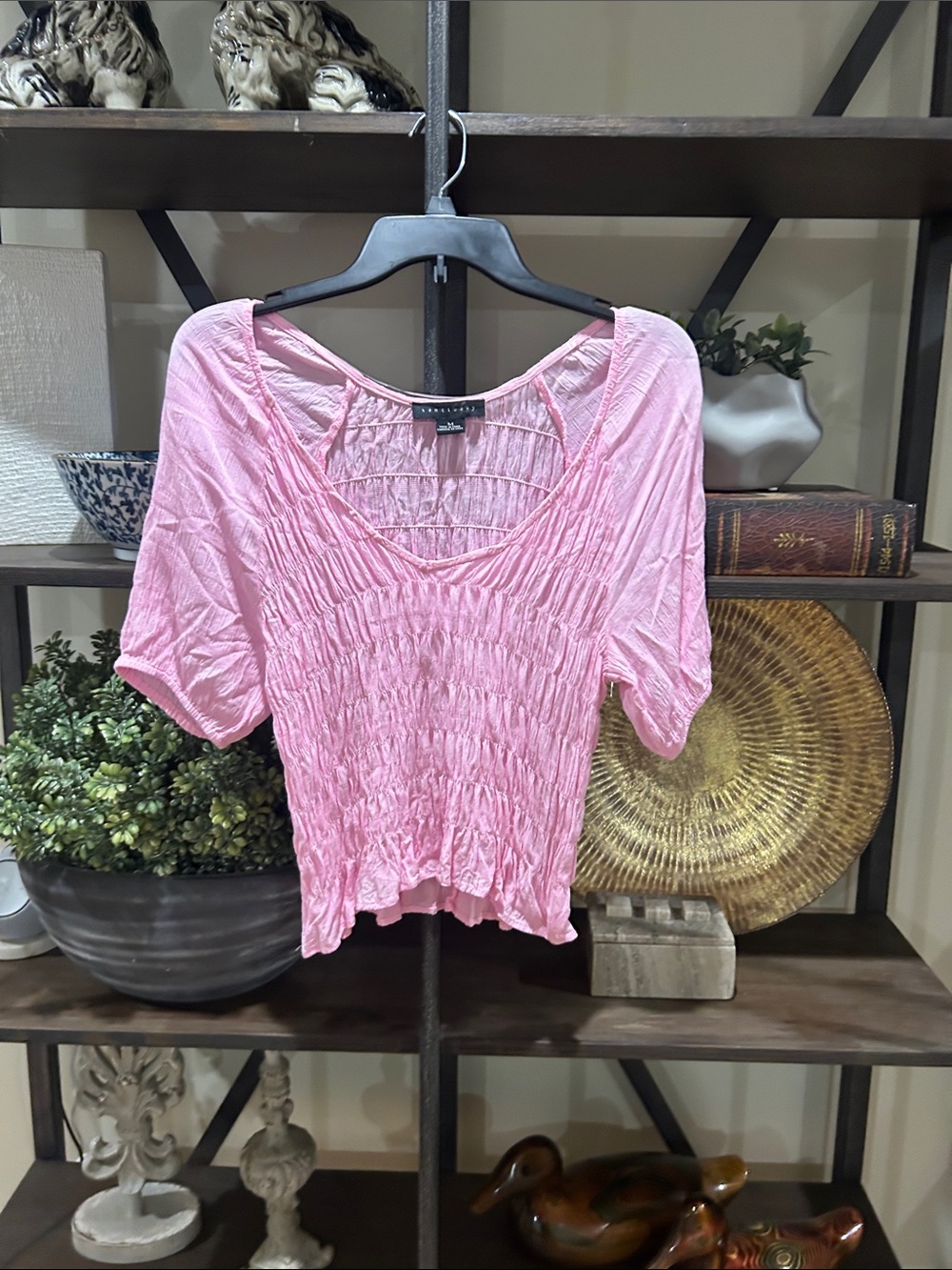 Sanctuary Pink Smocked Scoop-Neck Short Sleeve Top